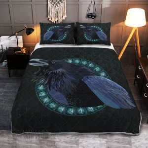 Black Crow In A Circle Of Shining Runes Viking Quilt Set