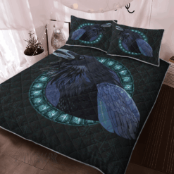 Black Crow In A Circle Of Shining Runes Viking Quilt Set