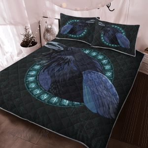 Black Crow In A Circle Of Shining Runes Viking Quilt Set