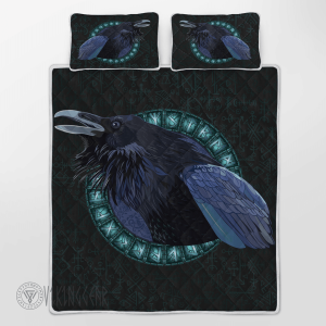 Black Crow In A Circle Of Shining Runes Viking Quilt Set