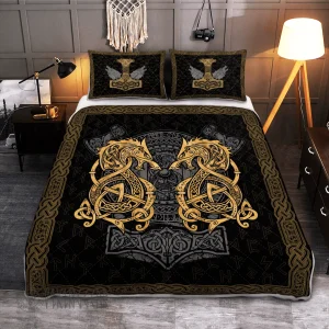 Fenrir Wolf And Hammer Viking Quilt Set