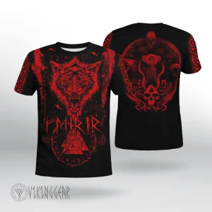 Fenrir Wolf Red Design Black Viking T-shirt