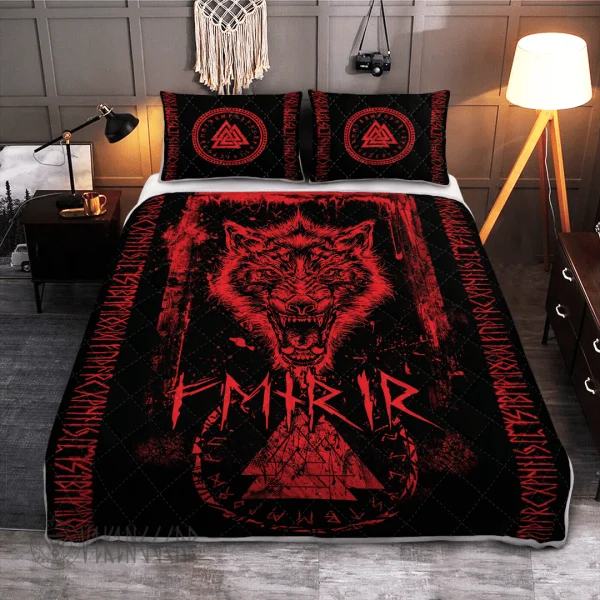 Fenrir Wolf Red Design Valknut Viking Quilt Set