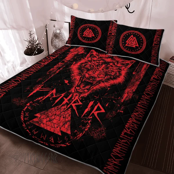 Fenrir Wolf Red Design Valknut Viking Quilt Set