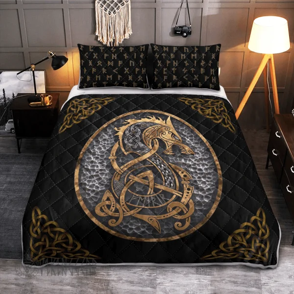 Nordic Fenrir Wolf With Golden Color Viking Quilt Set 1