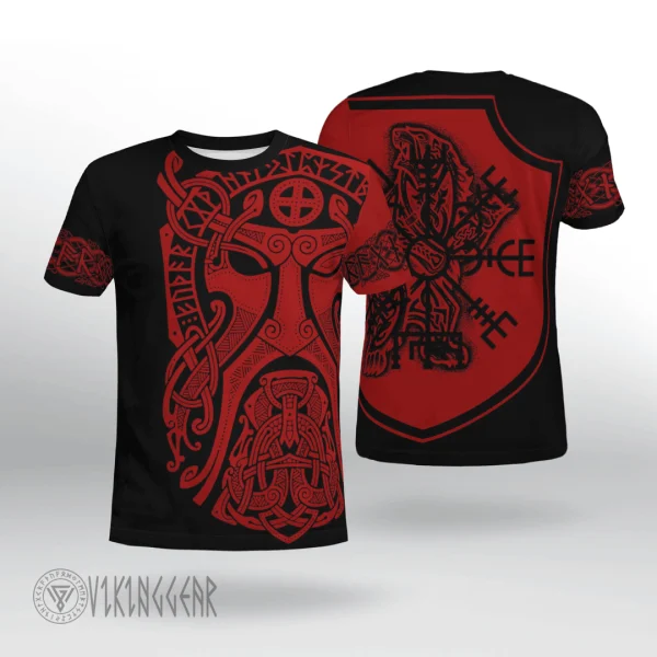 Odin Art And Bear Vegvisir Viking T-shirt With Red Design