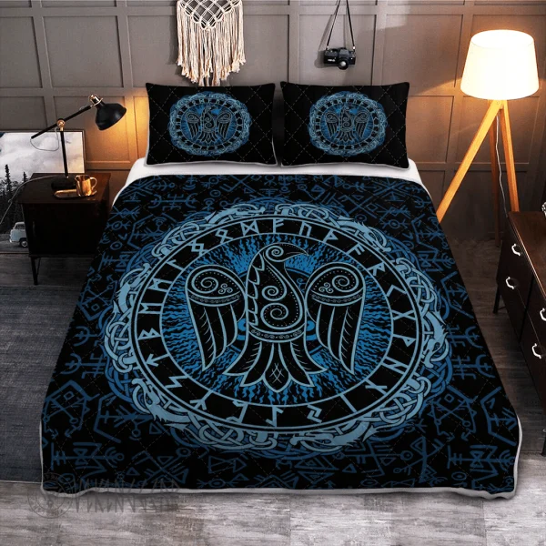 Raven Symbol And Rune Viking Quilt Set