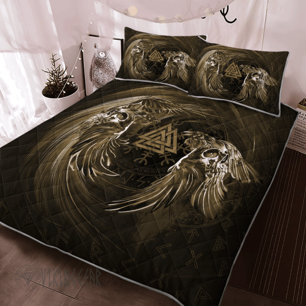 Raven Valknut Brown Vintage Design Viking Quilt Set