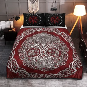 Silver Yggdrasil Tree Red Viking Quilt Bedding Set 1