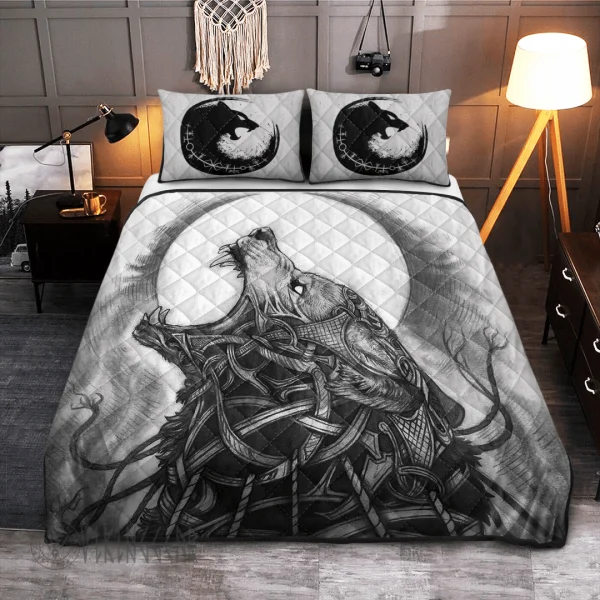 The Binding Of Fenrir White Viking Quilt Set Black Design 1