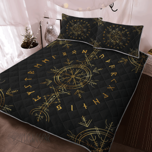 Vegvisir And Rune Golden Color Design Viking Quilt Set