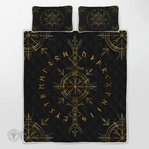 Vegvisir And Rune Golden Color Design Viking Quilt Set