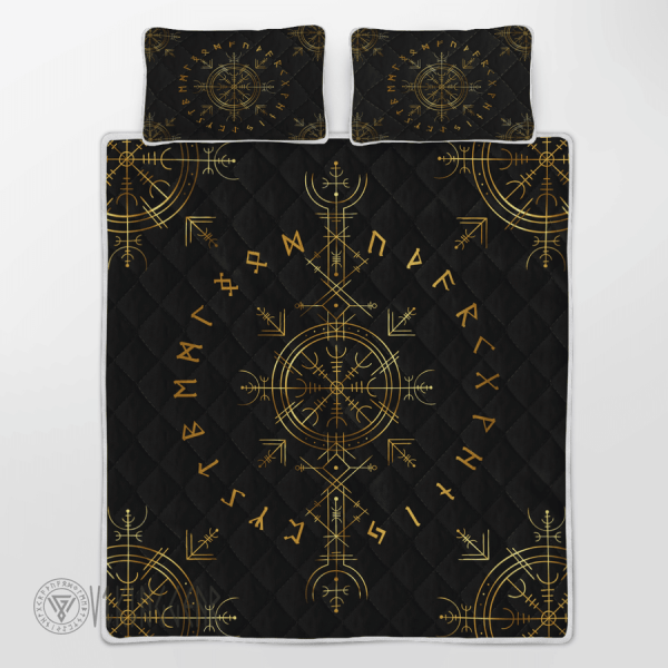 Vegvisir And Rune Golden Color Design Viking Quilt Set