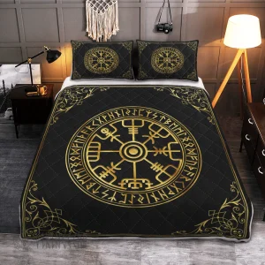 Vegvisir And Rune Golden Color Viking Quilt Set