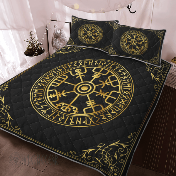 Vegvisir And Rune Golden Color Viking Quilt Set