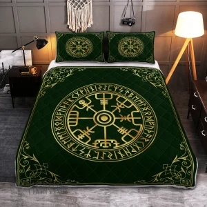 Vegvisir And Rune Golden Design Viking Quilt Set