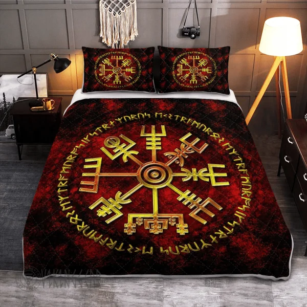 Vegvisir And Rune With Golden Color Viking Quilt Set