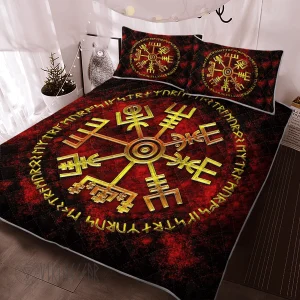 Vegvisir And Rune With Golden Color Viking Quilt Set