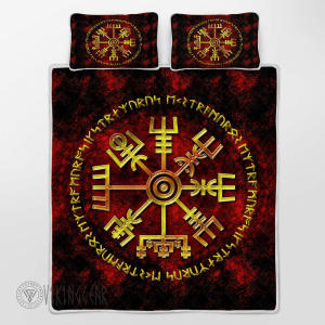 Vegvisir And Rune With Golden Color Viking Quilt Set