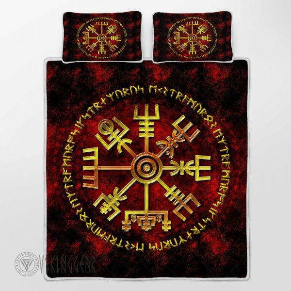 Vegvisir And Rune With Golden Color Viking Quilt Set