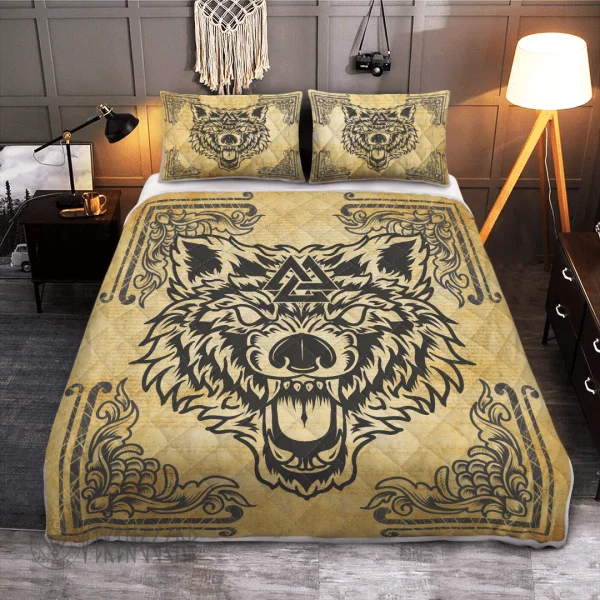 Wolf Valknut Vintage Viking Quilt Set