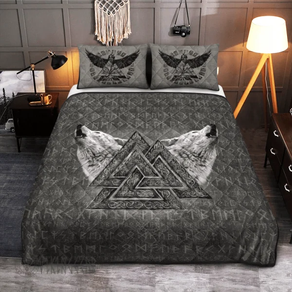 Wolf With Valknut And Rune Background Viking Quilt Set 1