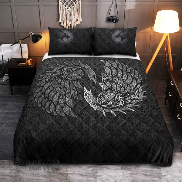 Yin Yang Raven Line Art Viking Quilt Set 1