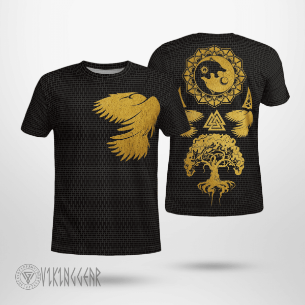 Yin Yang Wolf Raven Yggdrasil Gold Viking T-Shirt