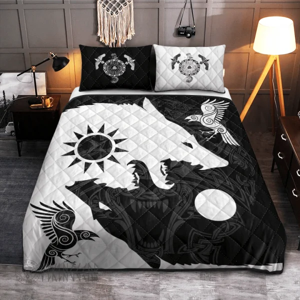 Yin Yang Wolf and Raven Viking Quilt Set