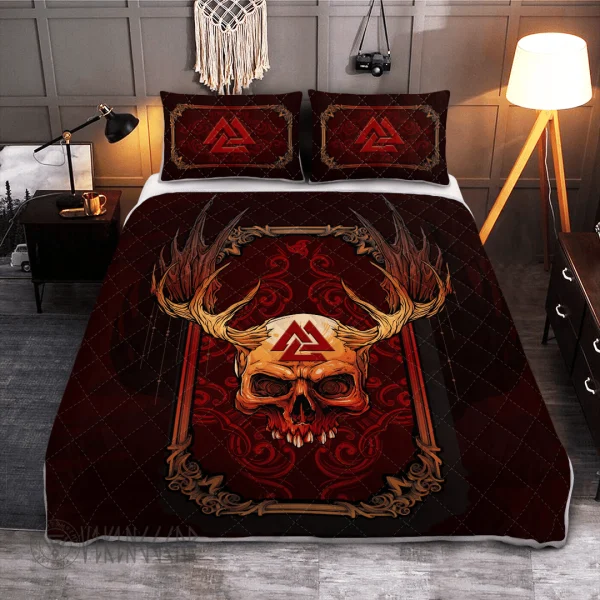 Abstract Red Skull Valknut Viking Quilt Set