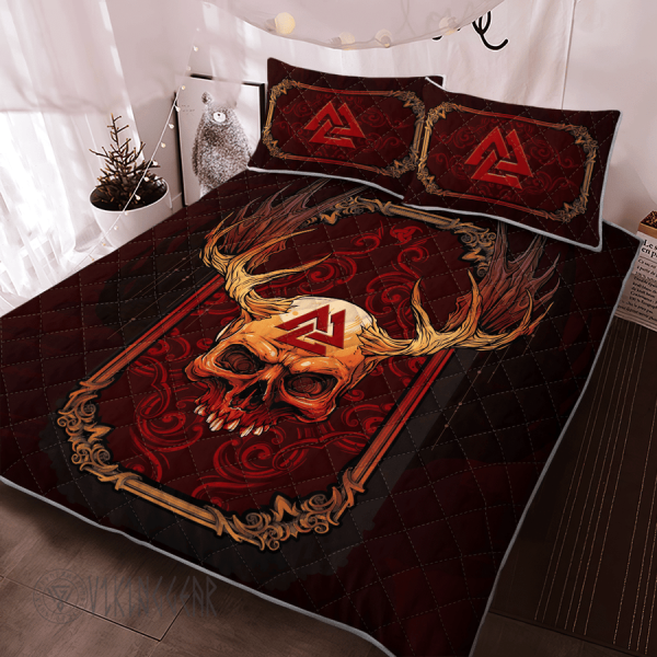 Abstract Red Skull Valknut Viking Quilt Set