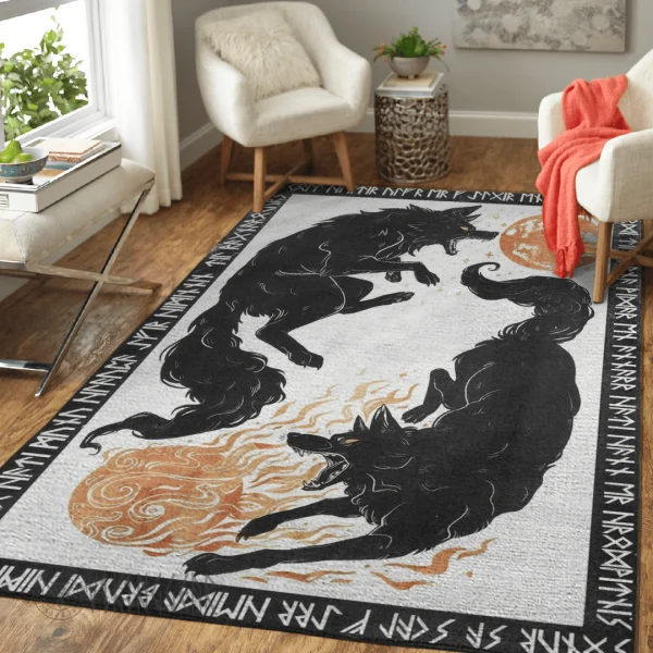 Fenrir Skoll and Hati Rune Viking Area Rug Painting Art