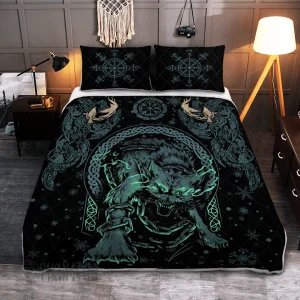 Fenrir Wolf In The Snow Viking Quilt Set