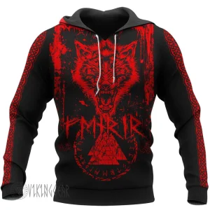 Fenrir Wolf Red Design - Strength and Assertiveness Viking Hoodie