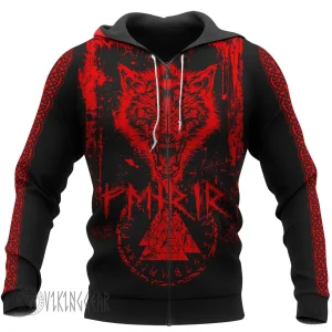 Fenrir Wolf Red Design - Strength and Assertiveness Viking Hoodie