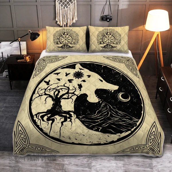 Fenrir Wolf Tree Of Life Viking Quilt Set