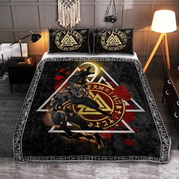 Fenrir Wolf Valknut Graphic Viking Quilt Set