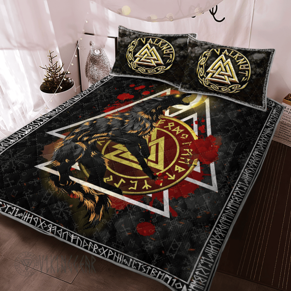 Fenrir Wolf Valknut Graphic Viking Quilt Set