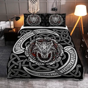 Fenrir Wolf With Norse Pattern Viking Quilt Set