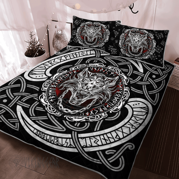 Fenrir Wolf With Norse Pattern Viking Quilt Set