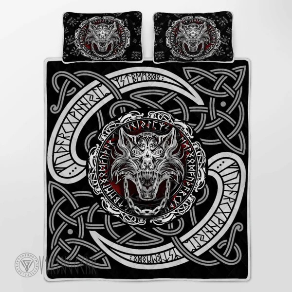 Fenrir Wolf With Norse Pattern Viking Quilt Set