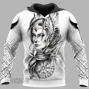 Goddess Freya Vegvisir Viking Hoodie With A Pair Of Wings Behind