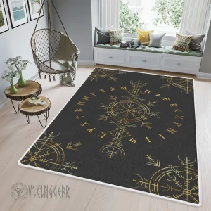 Gold Helm Of Awe And Rune Viking Area Rug