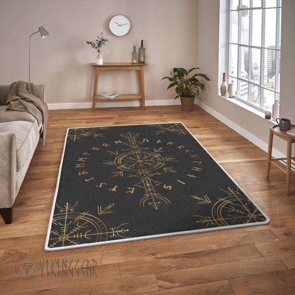 Gold Helm Of Awe And Rune Viking Area Rug