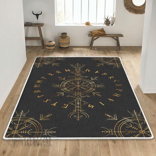 Gold Helm Of Awe And Rune Viking Area Rug