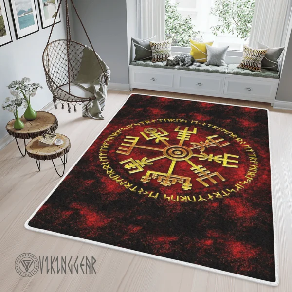 Gold Vegvisir In Fire Viking Area Rug