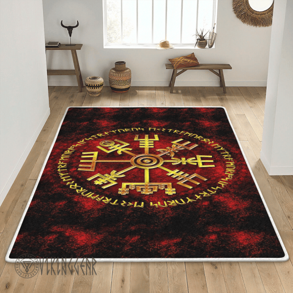 Gold Vegvisir In Fire Viking Area Rug