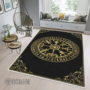 Gold Vegvisir and Rune Viking Area Rug