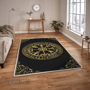 Gold Vegvisir and Rune Viking Area Rug