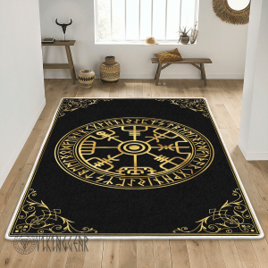 Gold Vegvisir and Rune Viking Area Rug